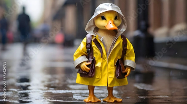 Obraz Sophisticated Duckling in Rain Gear - Chic City Stroll - Urban Puddle Adventure - Generative AI
