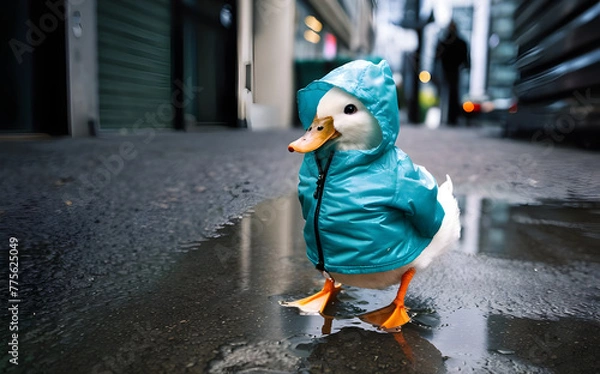 Obraz Sophisticated Duckling in Rain Gear - Chic City Stroll - Urban Puddle Adventure - Generative AI