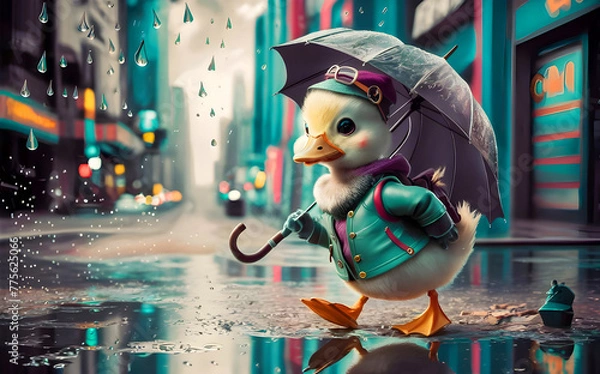 Obraz Sophisticated Duckling in Rain Gear - Chic City Stroll - Urban Puddle Adventure - Generative AI