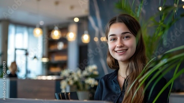 Fototapeta Smiling reception behind front desk