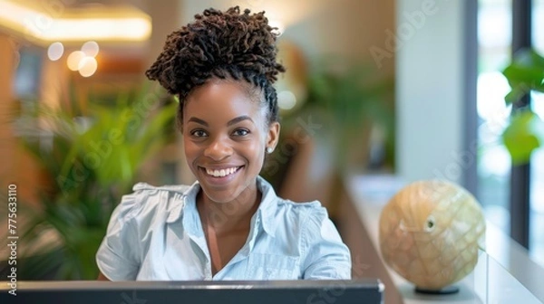 Fototapeta Smiling reception behind front desk