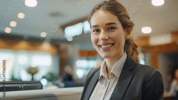 Fototapeta Smiling reception behind front desk