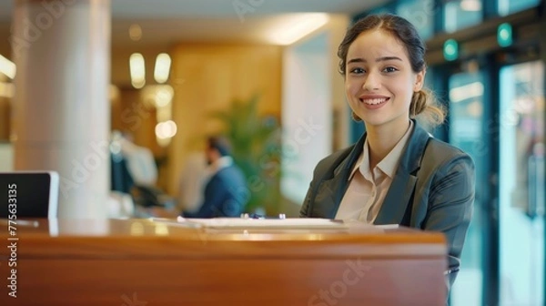 Fototapeta Smiling reception behind front desk
