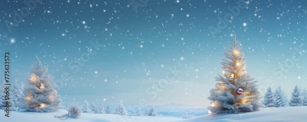 Obraz Beautiful christmas tree in fairytale snowy landscape. Wallpaper and background.
