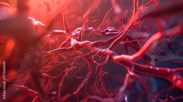 Fototapeta A detailed representation of the human circulatory system, where arteries and veins form an intricate network, embodying the highways of life with highlighted blood flow paths.