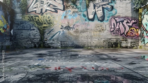 Fototapeta A gritty urban scene with a textured concrete wall adorned with vibrant graffiti, standing behind a weathered concrete podium, invoking a raw, street art atmosphere.
