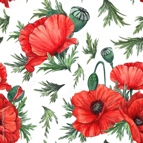 Fototapeta Seamless watercolor pattern with red poppies and green leaves on a white background.