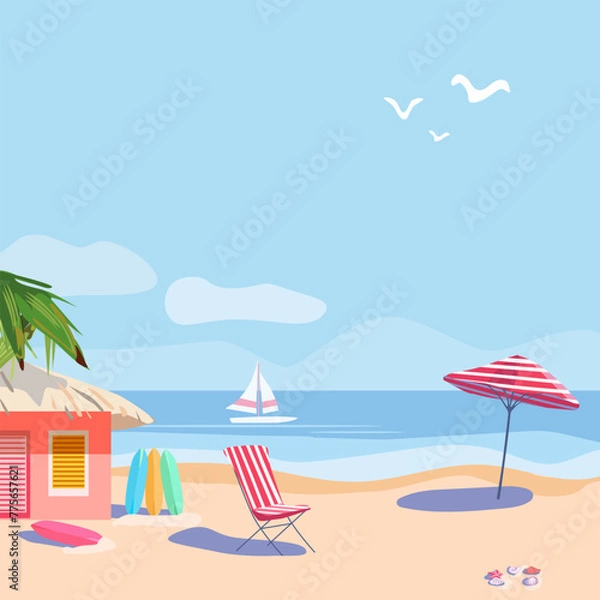 Fototapeta Summer poster with bungalow and palm tree on the seashore. Surfboards, sun lounger and beach umbrella. Shells on the sand. Template for poster, web page, text or banner. Flat vector illustration