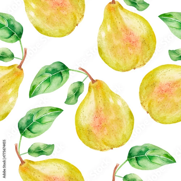 Obraz Summer pattern with yellow pears, juicy fruits on white background, seamless texture, great hand drawn pattern for print design, textile, fabric, tableware design and seasonal displays.