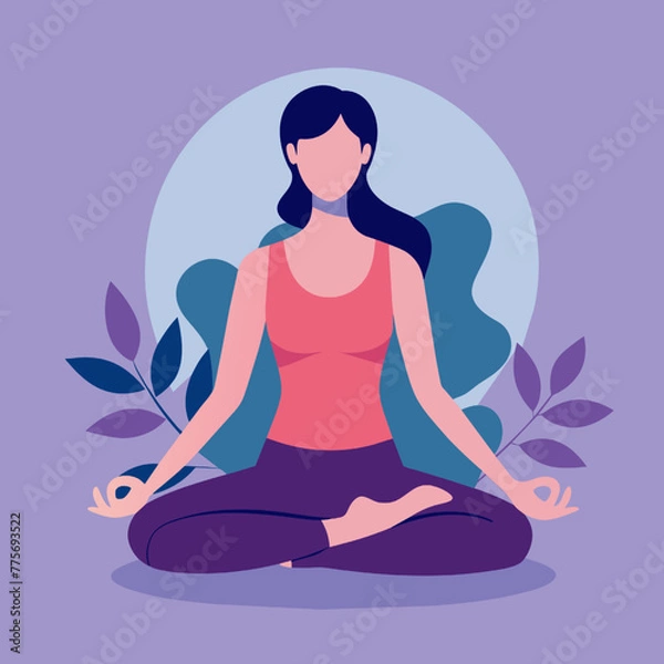 Fototapeta woman practicing yoga in lotus position with leaves background vector illustration graphic design