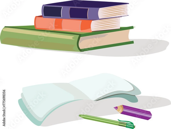 Obraz Vector illustration of a stack of books, an open notebook, a ballpoint pen and a pencil. A set of pictures of school supplies, for business, creativity. For the design of stickers,business cards,games