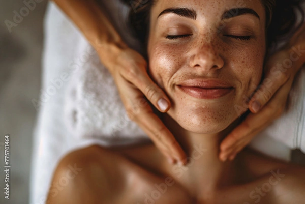 Fototapeta A closeup portrait of an attractive woman in her late thirties, smiling and relaxing while receiving a facial massage at a spa salon. A white towel is on her shoulders. Soft light illuminates her skin