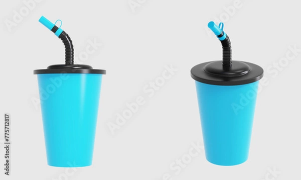 Fototapeta Glossy Plastic Cup with Straw Mockup Isolated On White Background. 3d illustration