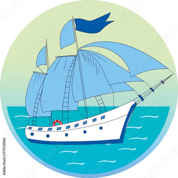 Obraz Snow-white sailing yacht goes on the sea, vector illustration in nautical style. Sea background - frame with sunset sky and waves in the foreground. Suitable as a logo, emblem, flyer, poster.