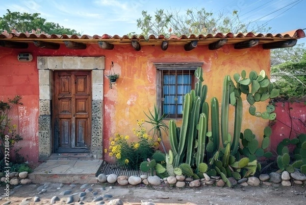 Obraz mexican style house with cactus plant in front of it