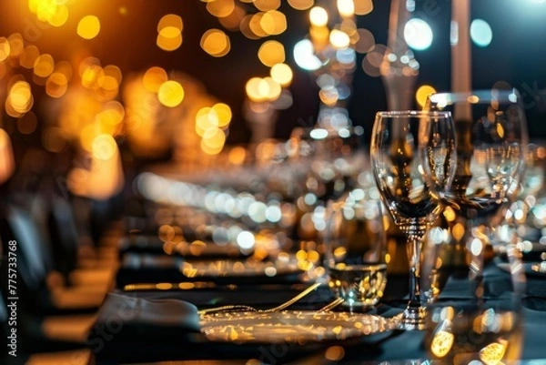 Fototapeta A close-up view of an elegant dinner table setting with clear wine glasses, cutlery, and a warm, bokeh light background creating a luxurious atmosphere.