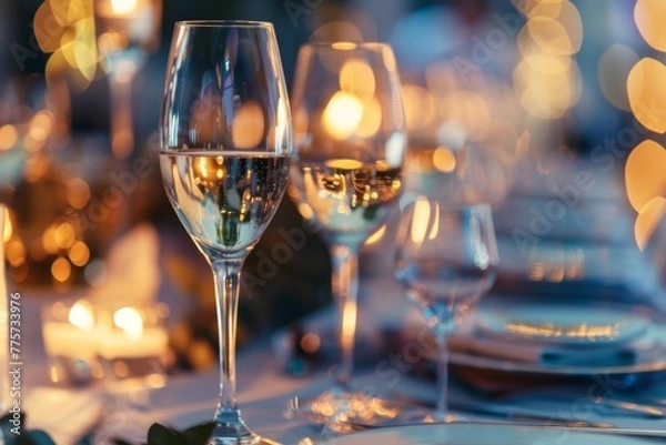 Fototapeta Close-up of sparkling wine glasses set on a luxury dinner table with soft lighting and festive bokeh background.