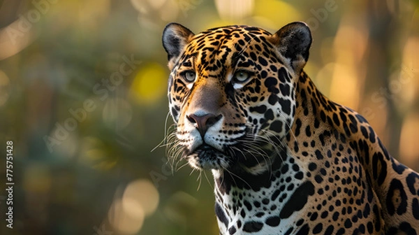 Fototapeta A graceful jaguar, with dappled sunlight filtering through the trees as the background, during a tranquil dawn