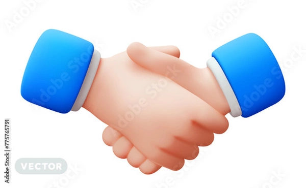 Fototapeta Vector illustration of gesture business man handshake in blue sleeve on white color background. 3d style design of man white skin hand shake agreement