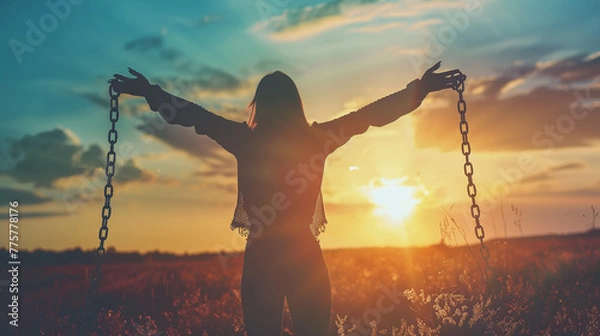 Obraz view from behind of a woman who has thrown her hands to the side, breaking the chain that bound her and shows the acceptance of the freedom that she finally got against the background of the sunrise