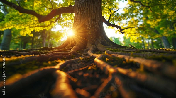 Obraz the roots of a large, healthy tree that is well nourished by the fertile soil, the tree of life from behind the trunk of which the sun shines