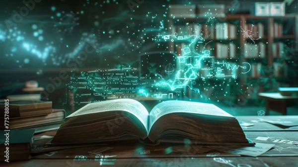 Obraz Textbook with floating equations: magic meets learning, ideal for education and innovation themes