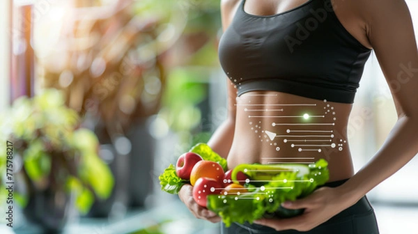 Fototapeta A woman in sportswear holds steamed vegetables surrounded by an abstract digital halogram of health data graphs. Diet infographic, metabolism visualization, fat burning.