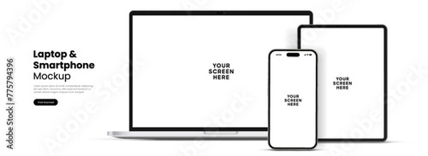 Obraz Modern laptop mockup front view and high quality smartphone and tablet mockup isolated on white background. Notebook mockup and phone device mockup for ui ux app and website presentation.Stock Vector.