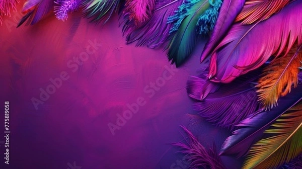 Fototapeta Mardi Gras Feathers. Vibrant feathers on a purple background for impactful Mardi Gras designs.