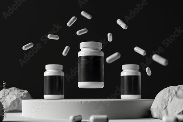Obraz 3 white supplement bottles with black label on front with space for logo, name or text on white podium with dark background
