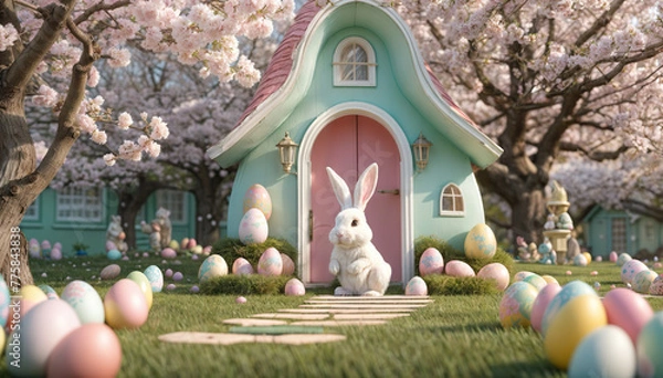 Fototapeta A white rabbit sits in front of a pastel green house, surrounded by Easter eggs. Generative AI