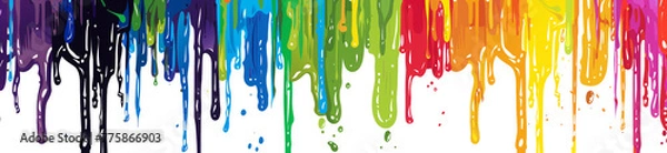 Fototapeta Rainbow paint dripping down, seamless pattern on white background. Rainbow color drips in the shape of horizontal stripes for design elements. Dripping art with vibrant colors with copy space
