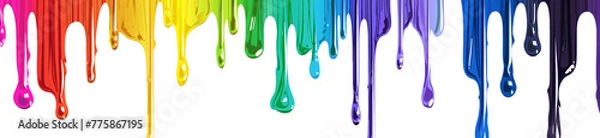 Fototapeta Rainbow paint dripping down, seamless pattern on white background. Rainbow color drips in the shape of horizontal stripes for design elements. Dripping art with vibrant colors with copy space