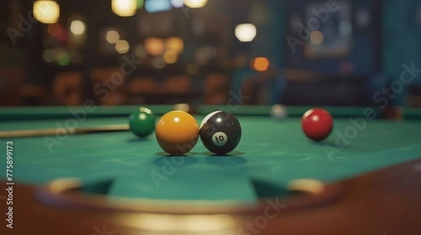 Obraz A pool table with balls and cues, perfect for sports and leisure concepts