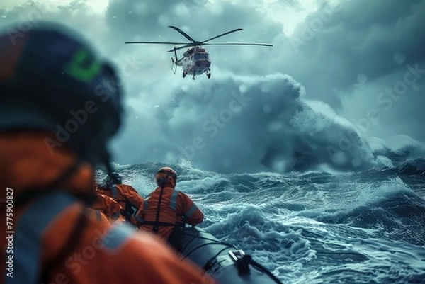 Fototapeta Water rescue operation. A rescue helicopter flies up to a boat with people during a storm. Battling nature's fury, the helicopter hovers above, ready to pluck the stranded from the tempestuous sea.