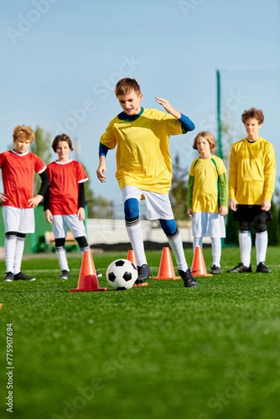 Fototapeta A group of energetic young men stand triumphantly on top of a soccer field, showcasing teamwork and camaraderie. 