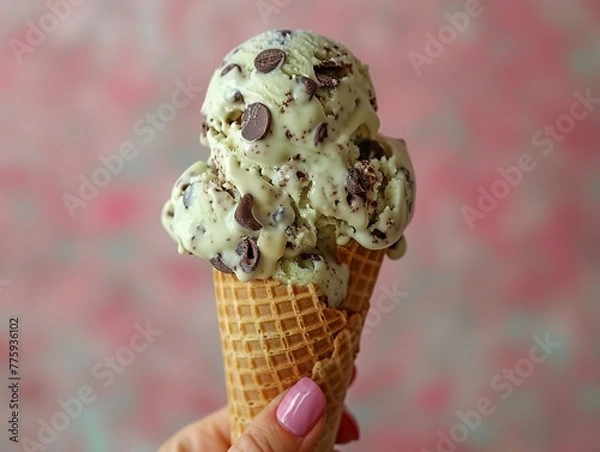 Fototapeta Hand scooping up a cone of mint chocolate chip ice cream, on a lively background that boosts the treats appeal, summer vibe