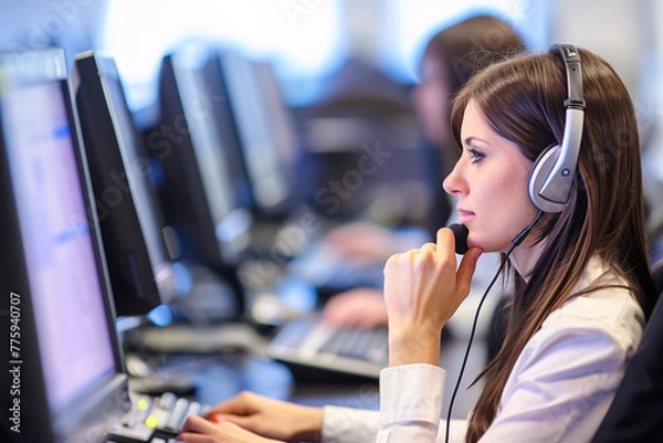 Fototapeta Focused female call center agent with headset working at her computer in a busy office environment..