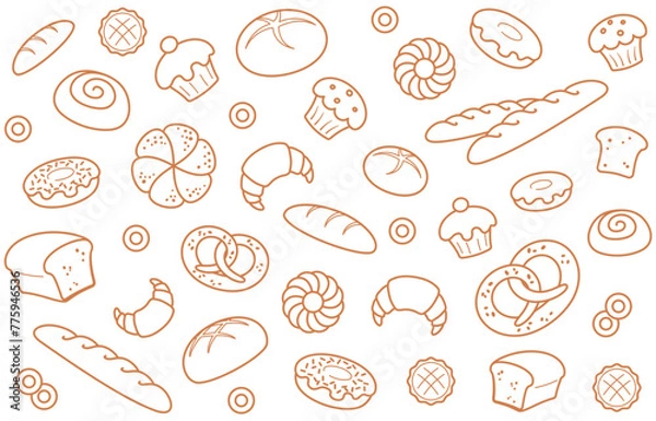 Fototapeta Bread and pastries background. Seamless pattern with hand drawn bakery products. Design web site, packing, textile, fabric. Isolated on white background. Vector illustration