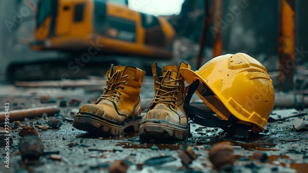 Fototapeta Yellow hard hat and a pair of heavy-duty boots on the ground of a construction site