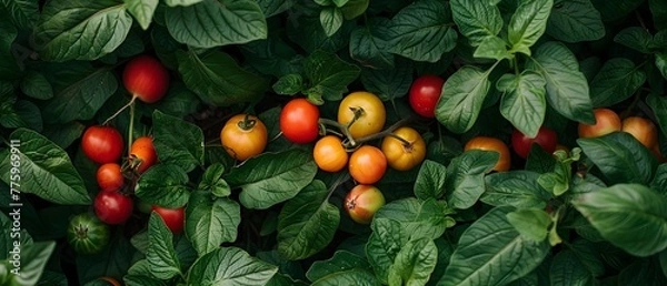 Fototapeta Lush organic farm with ripe fruits and vegetables nestled in vibrant green foliage showcasing sustainable agricultural practices