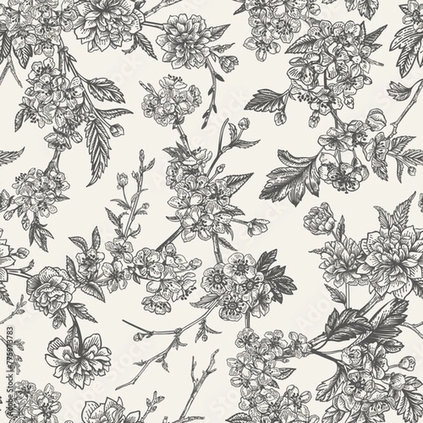 Fototapeta Floral garden seamless pattern with garden tree branches. Cherry, hawthorn and Japanese kerria. Spring background with flowers. Black and white