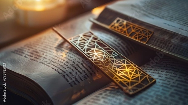 Fototapeta A set of metallic bookmarks, each with a unique geometric design, peering out from the pages of classic novels, set against a backdrop of soft, warm lighting hyper realistic