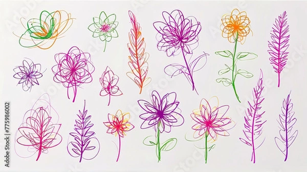 Fototapeta Set of colorful flowers on a white background. Hand-drawn illustration.