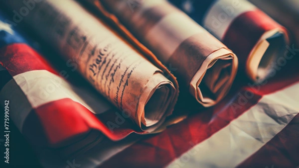 Obraz Rolled newspapers on American flag background