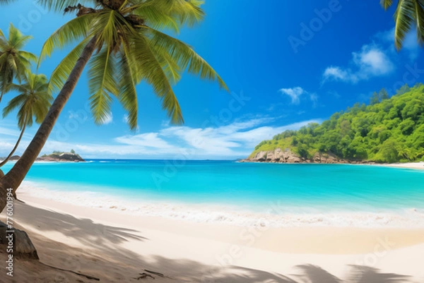Fototapeta A panoramic view of a pristine beach with golden sand and turquoise water, inviting viewers to escape to a tropical paradise