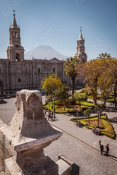 Fototapeta view over the main square and white stone church in Arequipa