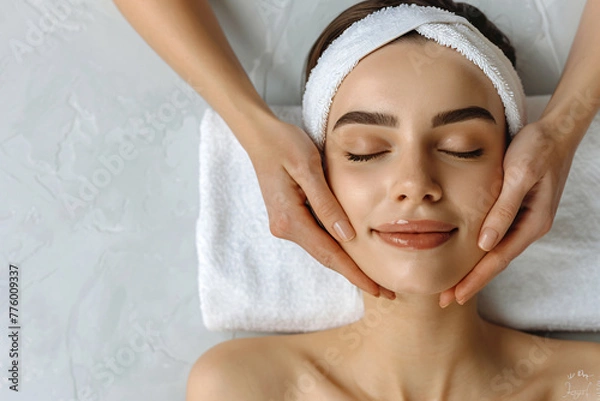 Fototapeta 
Close-up portrait of a beautiful woman with closed eyes and a towel on her head lying down at a spa salon, in the style of copy space for text 