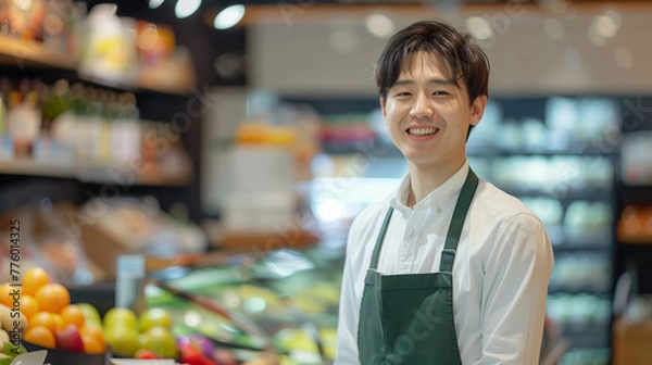 Obraz スーパーマーケットの生鮮食品売り場で微笑む店員の男性