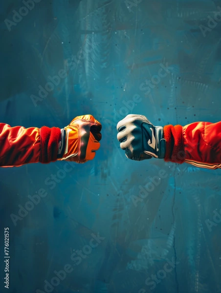 Fototapeta Two motor sports race car drivers gesturing a friendly competition with a fist bump. Room for text or copy space